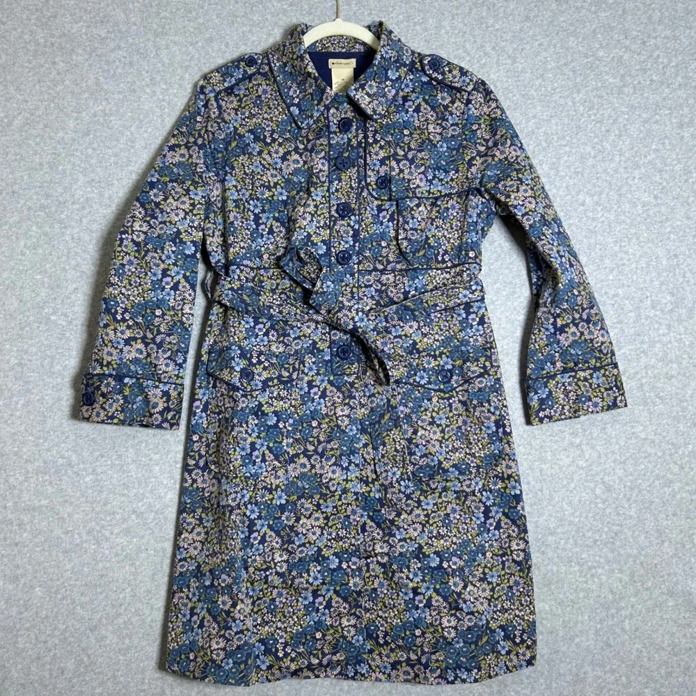 Elevenses Floral Trench Coat Women M 10 Blue Botanical Belted Jacket Cottagecore